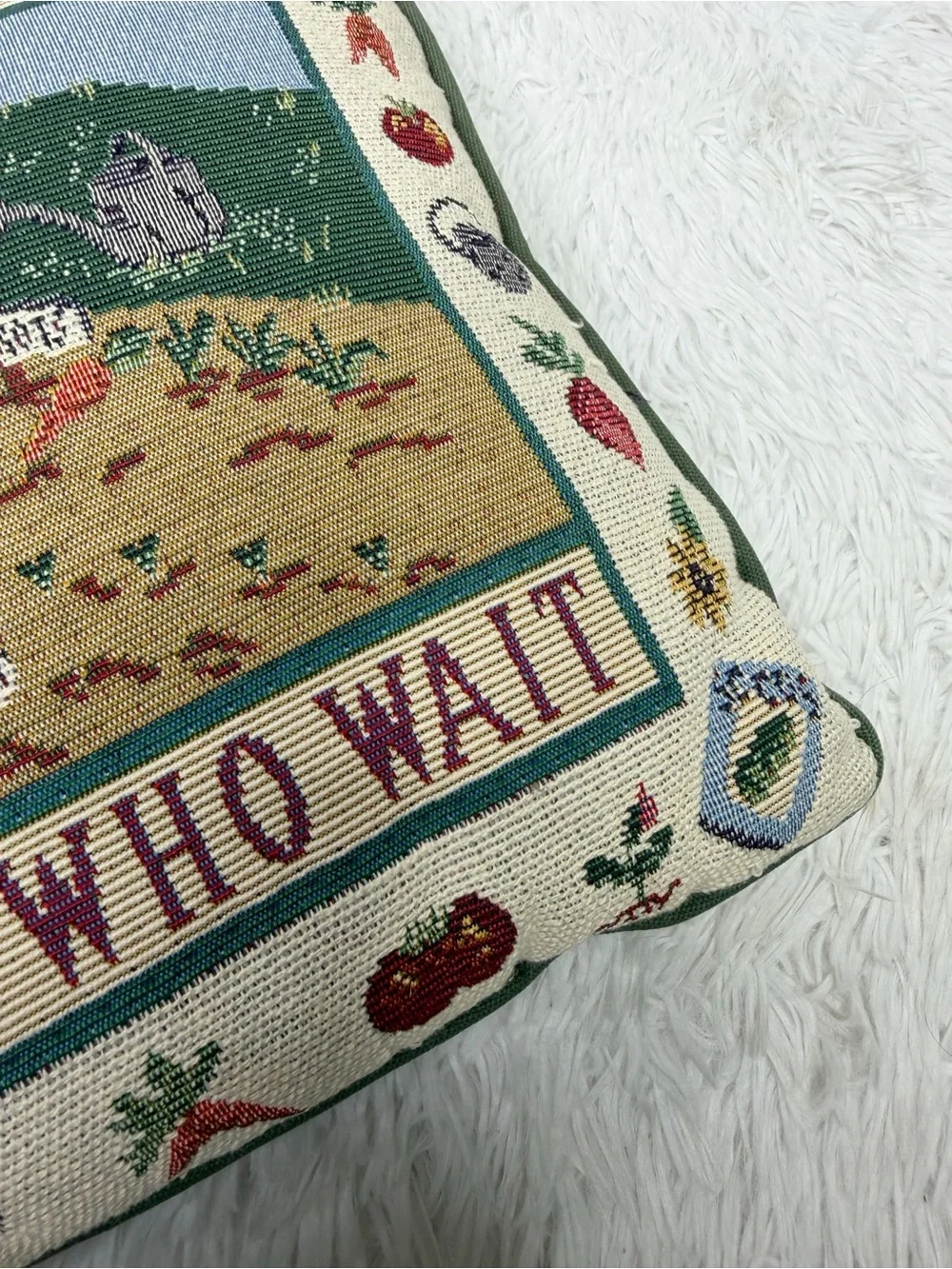 Vintage green tan garden farming veggie themed needlepoint decor throw pillow